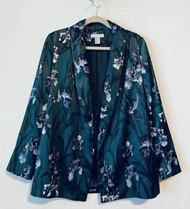 H and M Jacket Womens 10 Dark Green Floral Open Front Blazer Satin Boho Festival - Picture 1 of 5