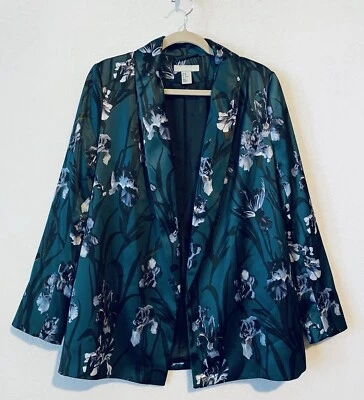 Chaqueta H and M Mujer 10 Verde Oscuro Floral Frente Abierto Blazer Satinado Boho Festival Foto 1 de 4