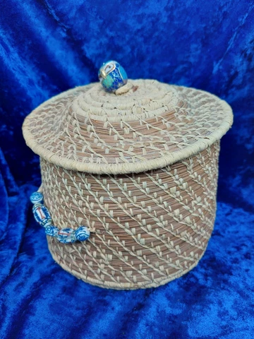 Highly Detailed Vintage Pine Needle Basket With Large Cloisonne Owl Bead Unique Cover