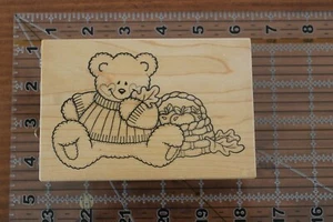 DARCIE'S GARDEN Teddy Bear Fall Leaf Basket Autumn Stamp Rubber U3919 D - Picture 1 of 3