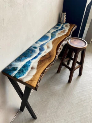 Ocean Live Edge Epoxy Console Table, Kitchen End Bar Table, Modern Counter Top - Image 1 of 3