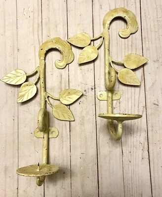 Hermoso conjunto de apliques de vela de pared de hoja forjada de hierro amarillo rústico Shabby Chic Foto 1 de 4