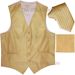 New Men's Tuxedo Vest Vertical Stripes 2.5" Skinny Necktie set prom party Gold - Picture 1 of 4