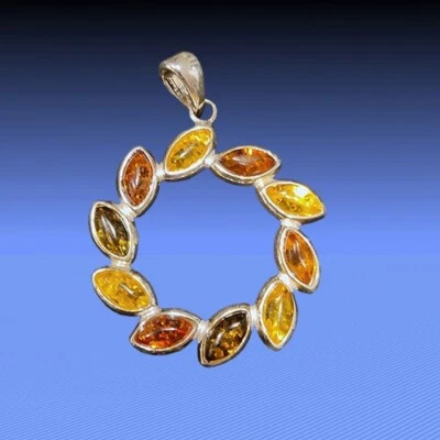 Nobile Tricolor Ambra Pendente IN Argento Prese Ø 3 CM - Immagine 1 di 2