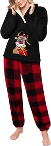 Pigiama Natalizio Donna Invernale Pile Pigiami Due Pezzi, Pigiama Felpato Set Da - Foto 1 di 12