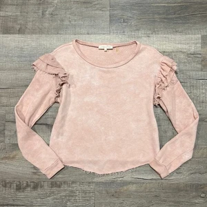 LoveShack ausgefallenes hellrosa gefärbtes Sweatshirt Oberteil Rüschen abgenutzt bauchfrei Baumwolle kastig - Bild 1 von 7