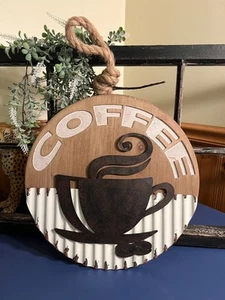 COFFEE Round Sign Metal and Wood Very Classy - Picture 1 of 8