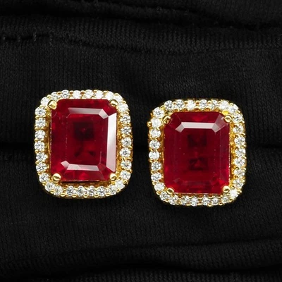 Vibrant Pigeon Blood Ruby 10.25Ct 925 Sterling Silver 24K Gold Plated Earrings - Image 1 of 4