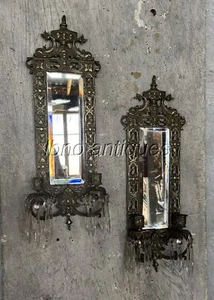 ANTIQUE PAIR GEORGIAN ENGLISH Cast Bronze Fish Framed Mirror Candle Wall Sconces - Picture 1 of 6
