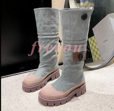 Women's Knee High Boots Denim Work Boots Round Toe Chunky Heels Knight Boots New - Image 1 of 4