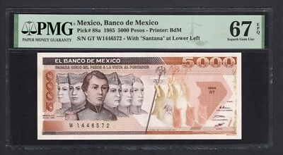 墨西哥 5000 比索 1985 年 P88a 未流通 67 级 — 第 1/2 张图片
