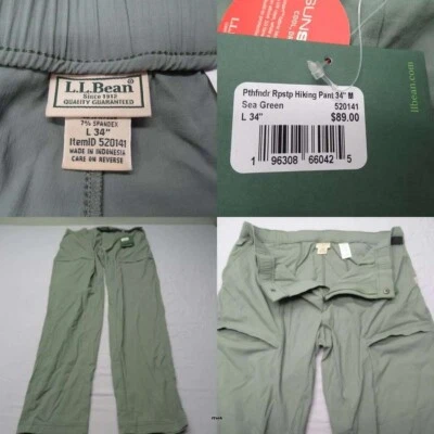 LL Bean Hiking Pants Men 34x34 Green Pathfinder Ripstop Belted Nylon Hiking NEW - Image 1 of 4