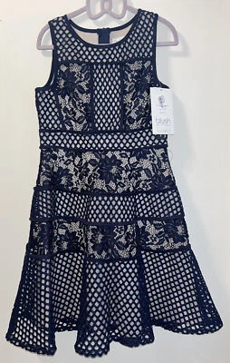 Blush By Us Angels Girls Navy Blue Lace Nude Mock Neck Dress Size 10 NWT NEW - Image 1 of 4