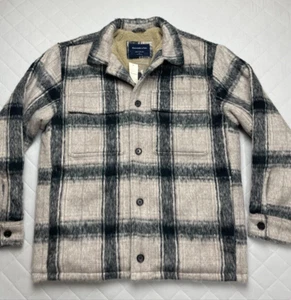 Abercrombie & Fitch Jacket Mens Large Sherpa Lined Fuzzy Button Front Plaid - Picture 1 of 16