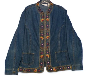 Alfred Dunner Denim Jacket SIZE 14 Floral Open Front Boho Western Blazer - Picture 1 of 10