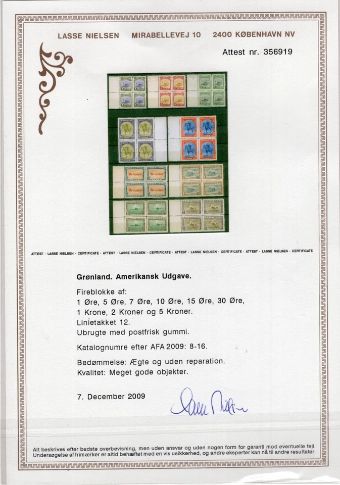 GREENLAND 1945 NEW YORK ISSUE SCOTT 10-18 BLOCKS PERFECT MNH LASSE N CERTIFICATE - Image 1 of 1