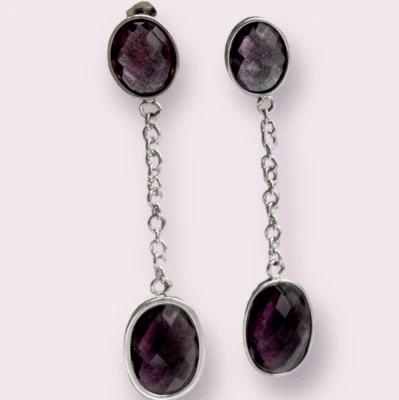 Orecchini femminili Pendenti catenina Cristalli viola Ovali acciaio inossidabile - Immagine 1 di 4