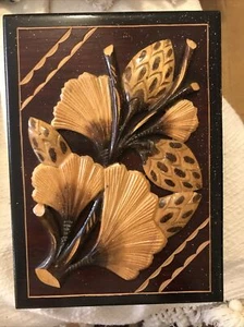 Vintage Carved Wooden Keepsake Jewelry Box with Flowers Scene - Picture 1 of 10