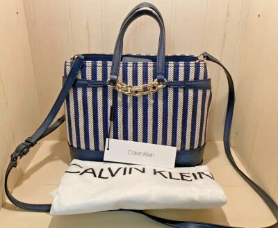 Новый с Ярлыками Calvin Klein Evelyn мини сумка с короткими ручками сумочка темно-синий холст кожи золото - Изображение 1 из 4