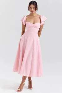 HOUSE OF CB 'Emma' Perfectly Pink Floral Jacquard Midi Dress - Picture 1 of 9
