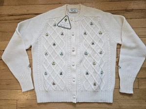 Vintage Smiths of Bermuda Wolle Strickjacke Pullover elfenbein klein bestickt Blumen - Bild 1 von 7