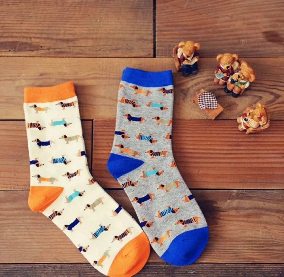Cute Dachshund Novelty Sausage Dog GIFT Socks Blue and Orange 2pairs present — 第 1/1 张图片