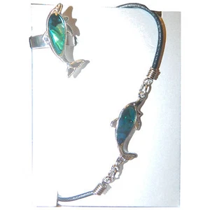 Conjunto de ópalo de mar pulsera de cuero sintético delfín anillo de dedo azul plata joyería - Imagen 1 de 2