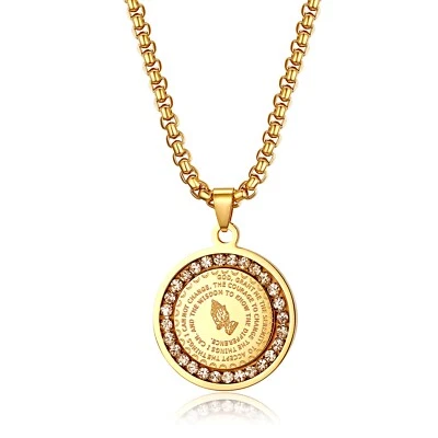 Men's Stainless Steel Rhinestone Bible Text Prayer Tag Pendant Necklace Chain - Image 1 of 4