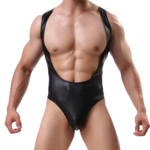 Sexy Men PU Leather Soft Bodysuit Clubwear Leotard Wrestling Singlet Jumpsuit - Imagen 1 de 15