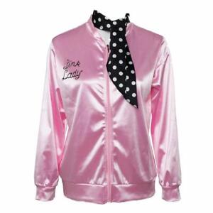 Womens 1950s Pink Satin Jacket with Neck Scarfs Adult & Kids Halloween Cosplay 