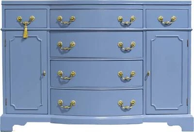 Mid Century Colonial Revival Style Curve Front Buffet in Blue - Newly Painted - Image 1 of 4