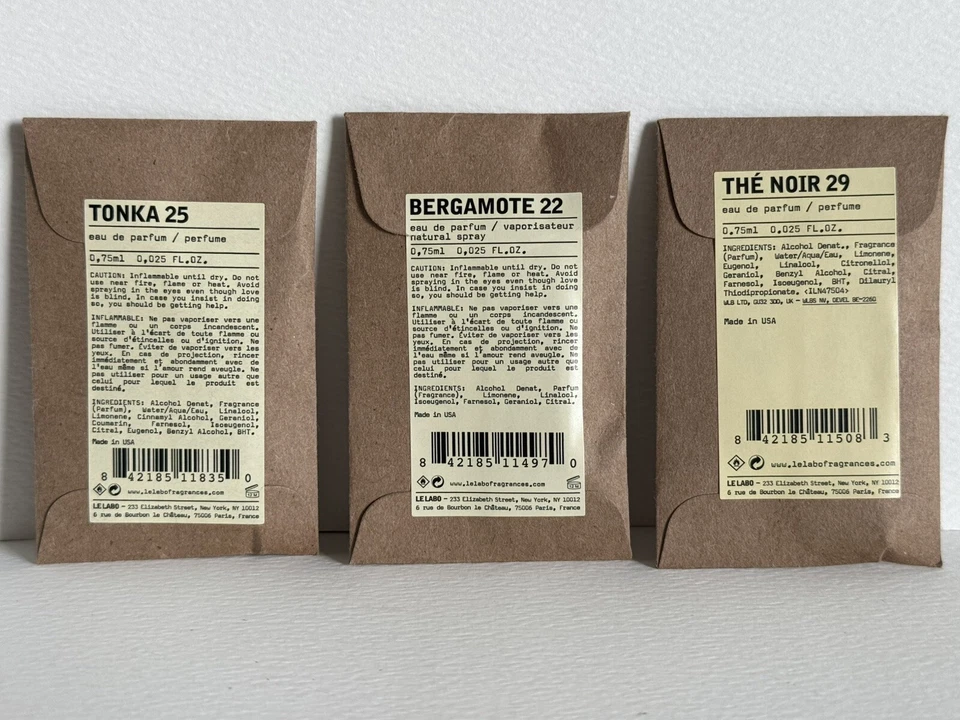 Lote de 3 Le Labo Tonka25, Bergamote 22 y The Nior 29 EDP tamaño de muestra 0,025 oz cada uno Foto 1 de 1