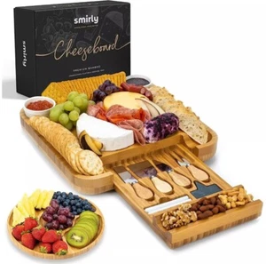 Smirly Charcuterie Set Large Bamboo Cheese Board w/Fruit Tray & 2 Ceramic Bowls - Picture 1 of 5