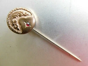 Antique Victorian Gold Wash Etched Stick Pin-Garnet Ruby Stone-Signed Trade Mark - Picture 1 of 3