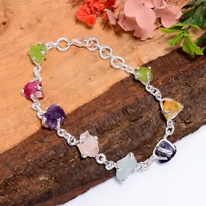 Natural Amethyst ~ Rose Quartz Rough Gemstone 925 Sterling Silver Women Bracelet - Picture 1 of 10