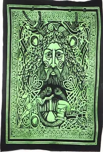 Indian Tapestry Celtic Baba Face Green Color Wall Art Cotton Poster Home Decor - Picture 1 of 4