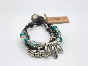 NWT UNO de 50 Bracelet Brown Multi Leather Strands Silver Beaded Blue Glass SZ S - Picture 1 of 13