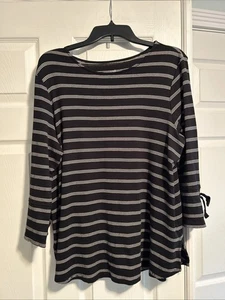 J.Jill Women’s Pima Cotton 3/4 Sleeve Pullover Black W/White & Gold Stripes L - Picture 1 of 3