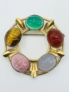 Simmons Signed 1/20 12kGF Open Circle 5 Carved Cabachon Scarab Beetle Brooch Pin - Picture 1 of 8