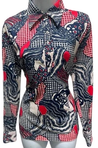 Vintage Albee Psychedelic Disco Blouse 15/16 Dagger Collar Semi Sheer Stretch - Picture 1 of 9