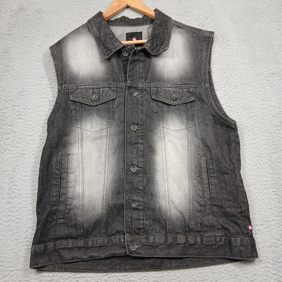 Southpole Vest Mens XL Black Gray Denim Jean Sleeveless Button Front Faded Wash - Image 1 of 4