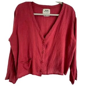 Flax by Jeanne Engelhart Red Button Down V-neck Blouse Small 100% Linen - Picture 1 of 8