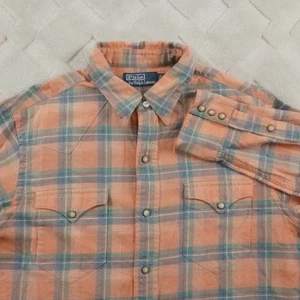 Polo Ralph Lauren Pearl Snap Western Shirt Mens Medium Country Flannel Plaid - Picture 1 of 10