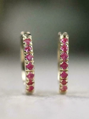 Natural Pink Sapphire Baby Solid 14K Yellow Gold Hoop Earring I347 - Image 1 of 4