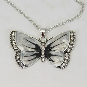 Butterfly Necklace 2-1/8" Silver Chain 21" Gray Black and Rhinestones - Bild 1 von 4