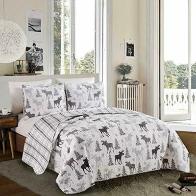 Cabin& Lodge 3-PC Gray Bedspread, Quilt Set w/Shams,Rustic Printed Pattern Queen - Image 1 of 4