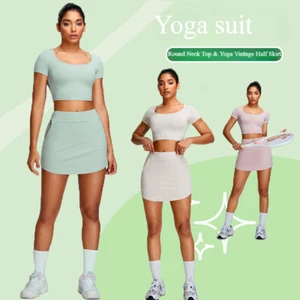 Soft and Comfy Mama's Gym Clothes, Short Sleeves with A-line Skirt Yoga Wear - Picture 1 of 27