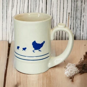 Mother Hen and Chicks Vintage Coffee Mug White Blue Pottery by Levine Farmhouse - Picture 1 of 11