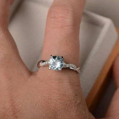 1.20 Ct Round Cut Real Aquamarine & Diamond Engagement Ring 14K Solid White Gold - Image 1 of 4
