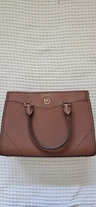 Michael Kors Everly Med Beige Camel Saffiano Leather Satchel Bag Purse - Picture 1 of 8